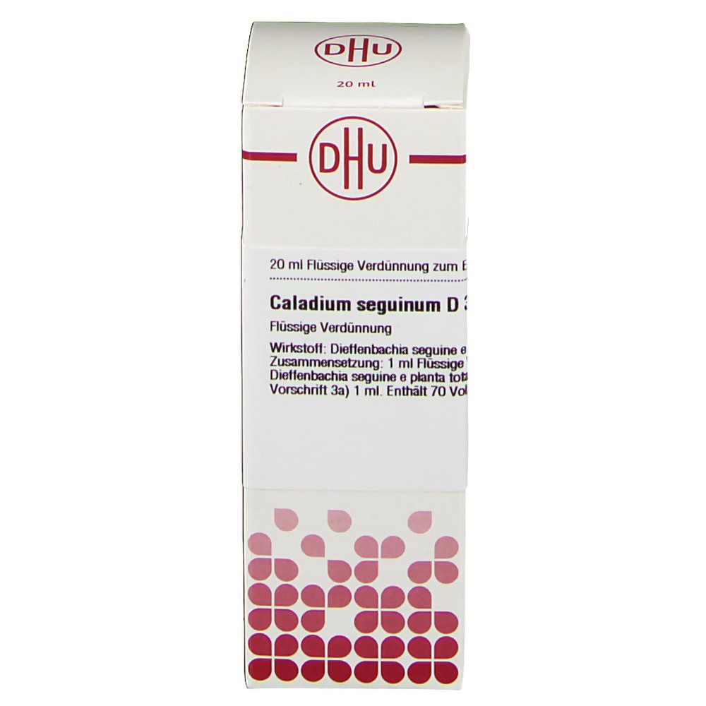 DHU-Verpackung mit Produktinformationen. Aufschrift: Caladium seguinum D3, 20 ml flüssige Verdünnung.
