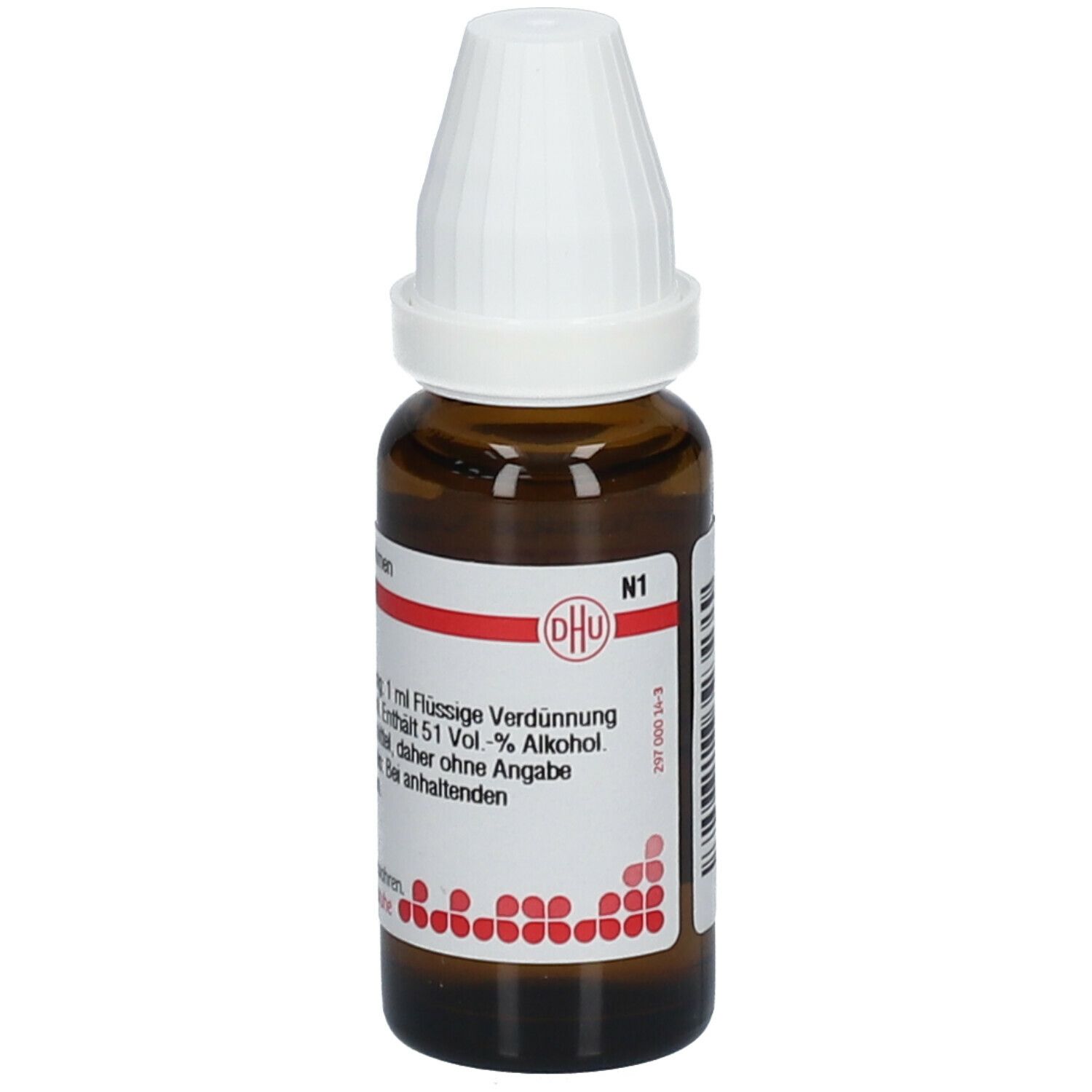 Braune Tropfflasche mit weißem Verschluss. Beschriftung: DHU, N1. Enthält 51 Vol.-% Alkohol. Homöopathisches Arzneimittel.