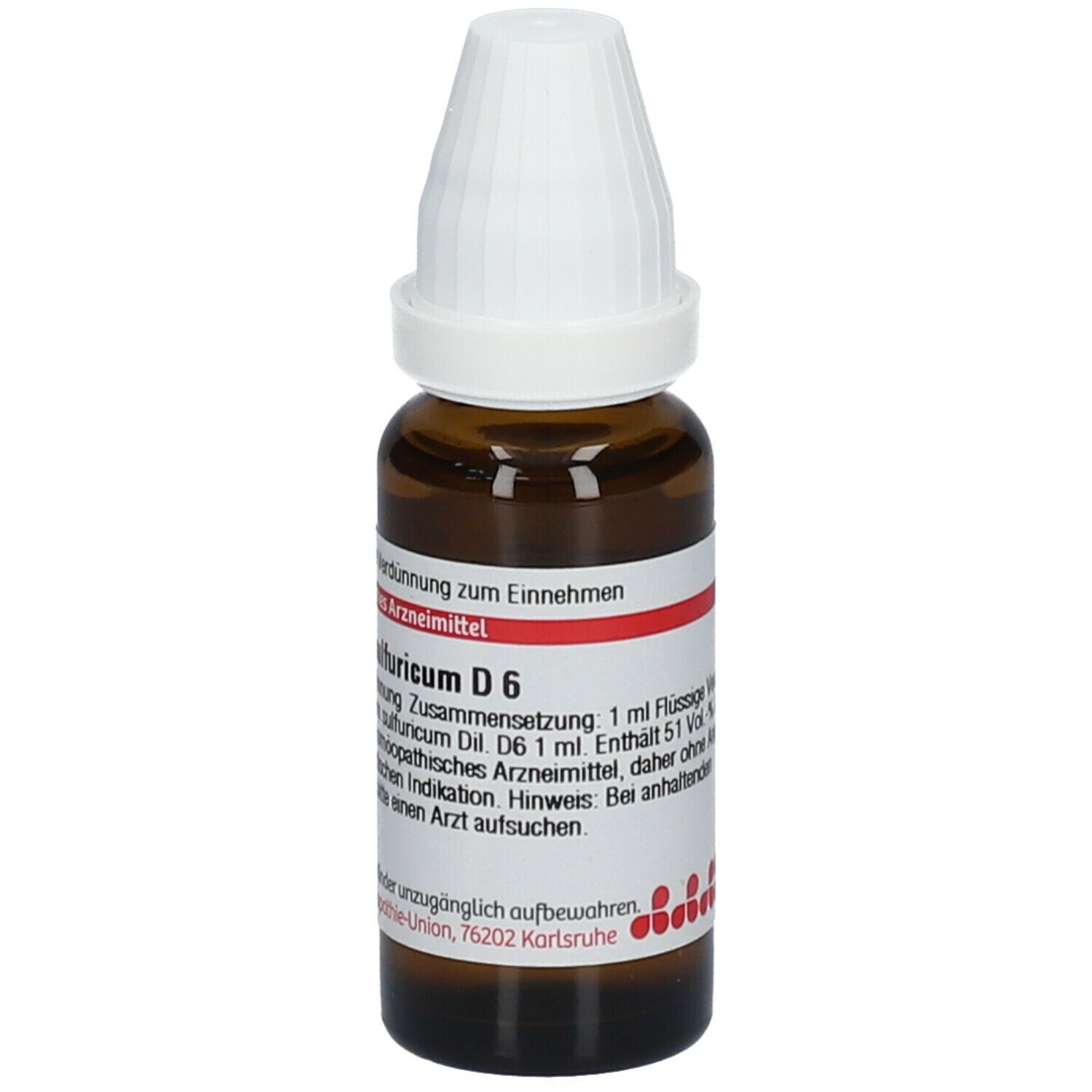 Braune Tropfflasche mit weißem Verschluss. Beschriftung: Calcium sulfuricum D6. Homöopathisches Arzneimittel.