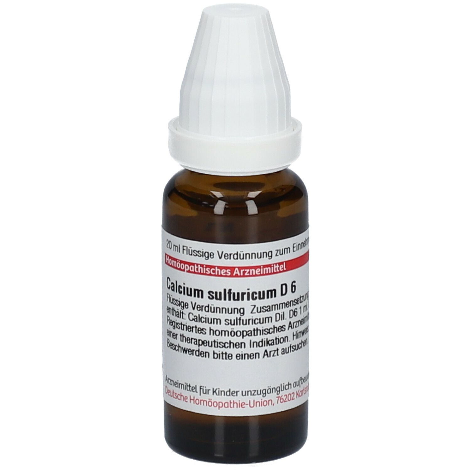 Braune Tropfflasche mit weißem Verschluss. Beschriftung: Calcium sulfuricum D6, 20 ml. Homöopathisches Arzneimittel.