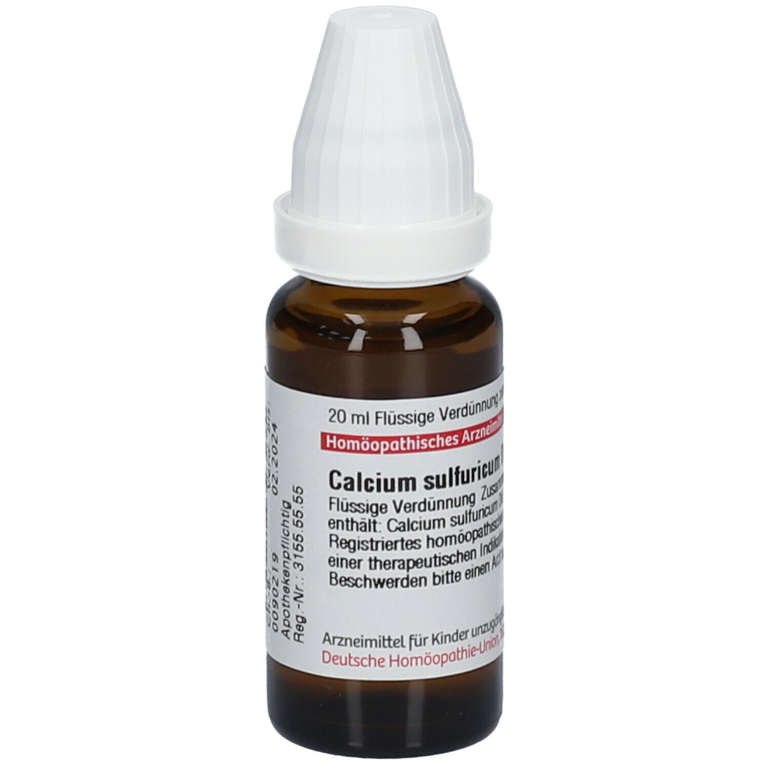 Braune Tropfflasche mit weißem Verschluss. Beschriftung: Calcium sulfuricum D6, 20 ml. Verfallsdatum 02.2024.