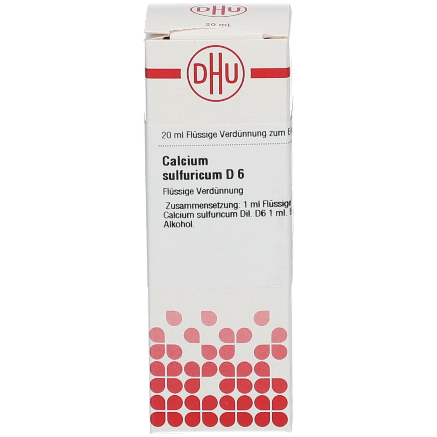 Produktverpackung. Weiß mit DHU-Logo und Produktnamen: Calcium sulfuricum D6. Rote Punkte am unteren Rand.