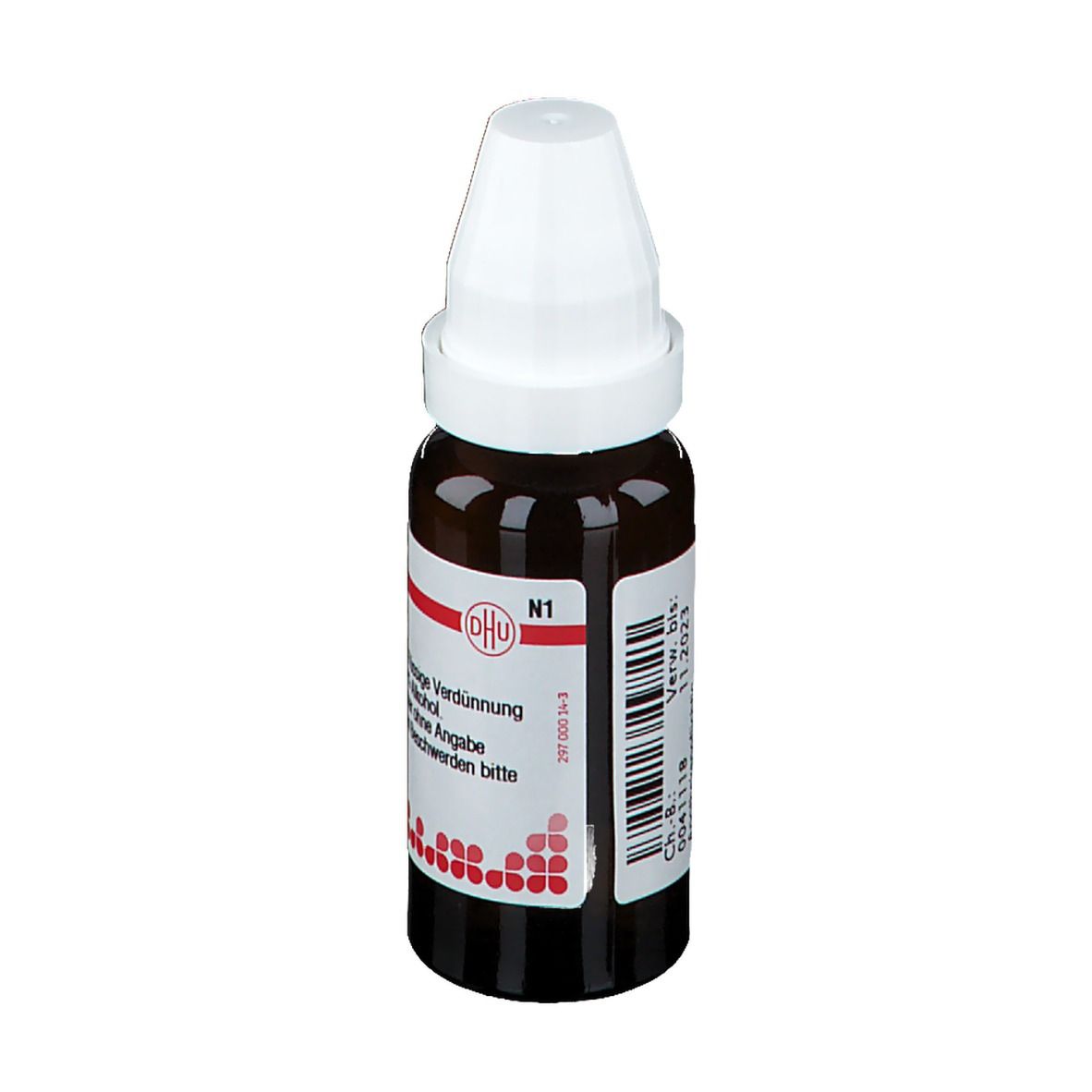 Braune Glasflasche mit weißem Deckel. Etikett mit Produktinformationen. Aufschrift: N1. Barcode und Verfallsdatum.
