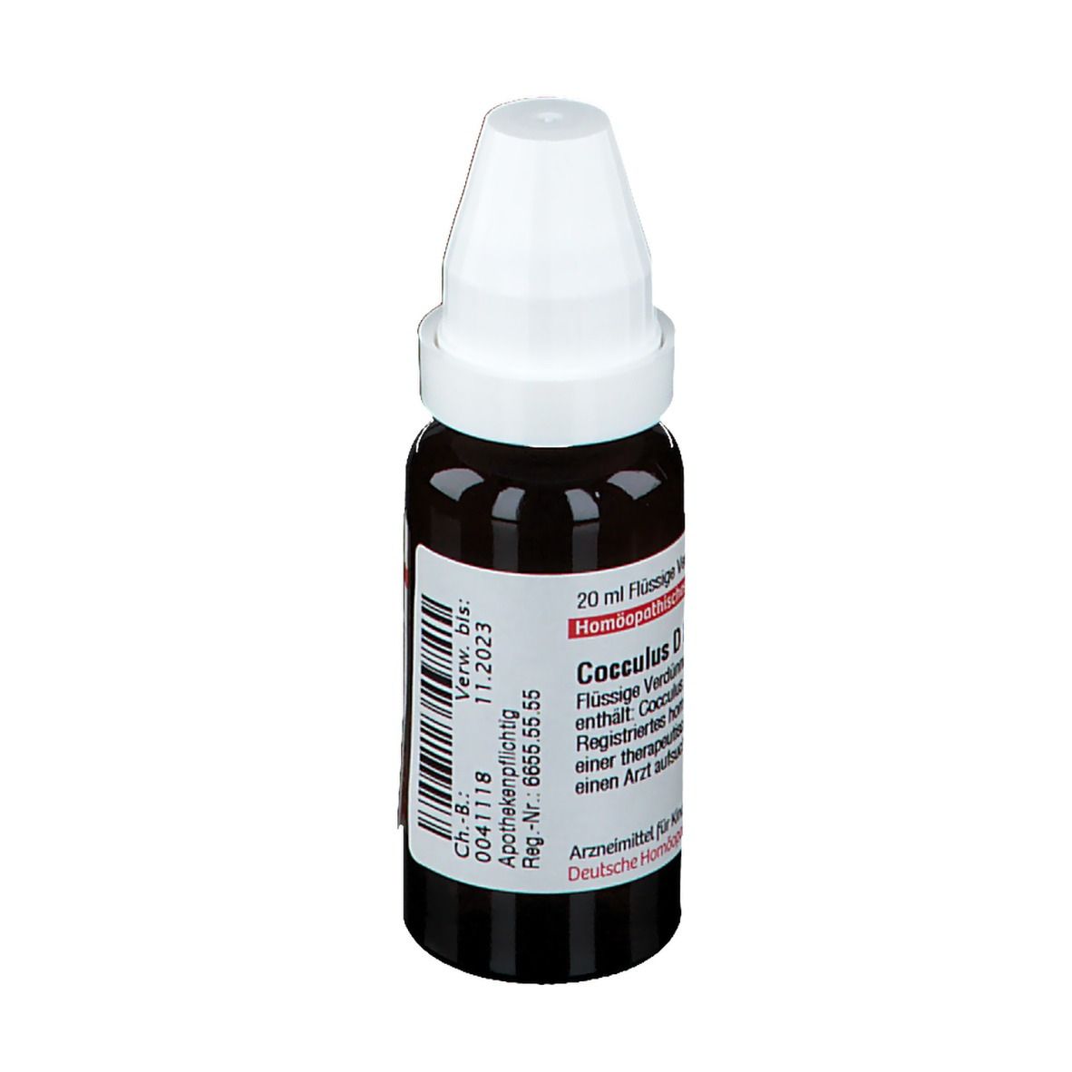 Braune Glasflasche mit weißem Deckel. Etikett mit Produktinformationen. Aufschrift: Cocculus D 8. Barcode und Verfallsdatum.