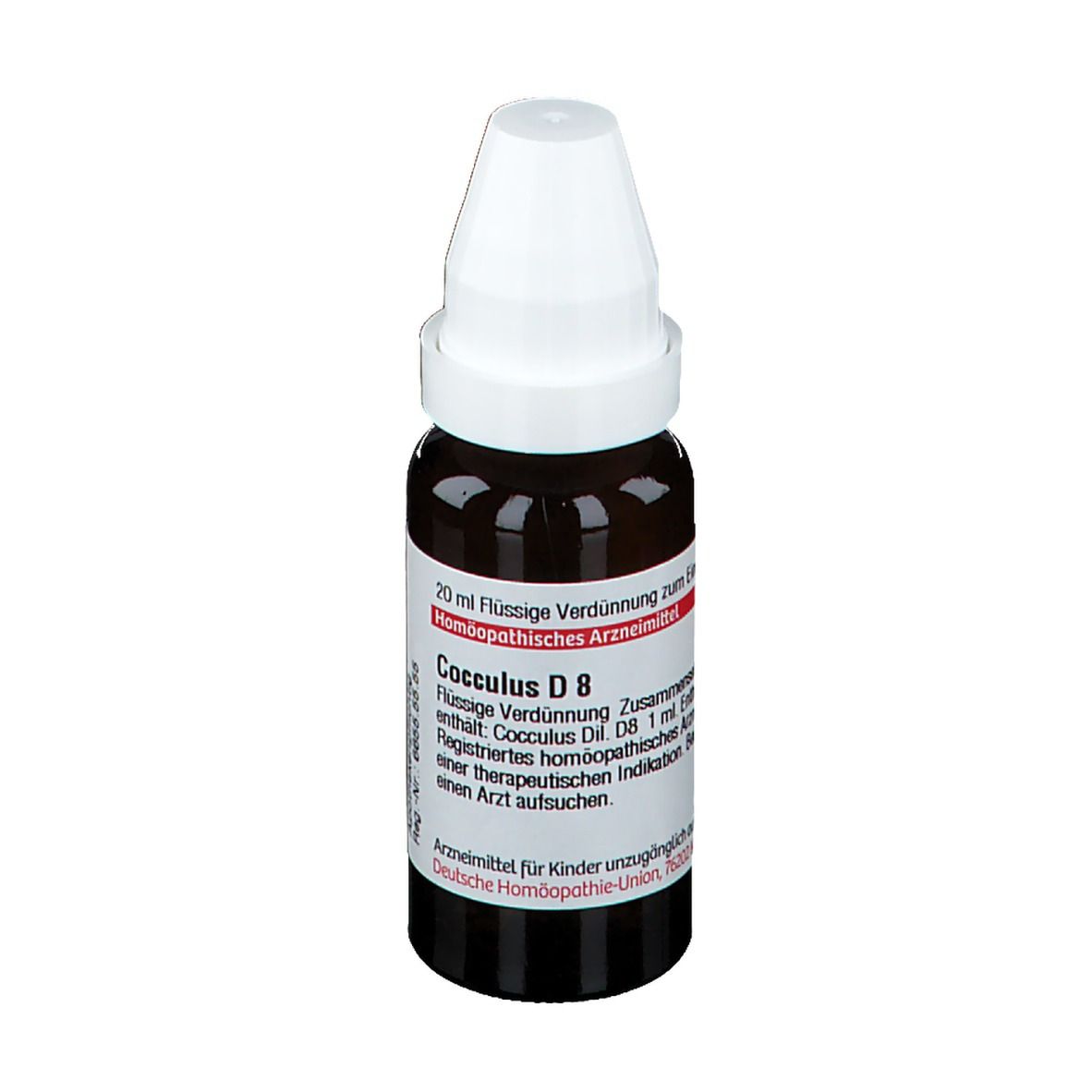 Braune Glasflasche mit weißem Deckel. Etikett mit Produktinformationen. Aufschrift: Cocculus D 8.