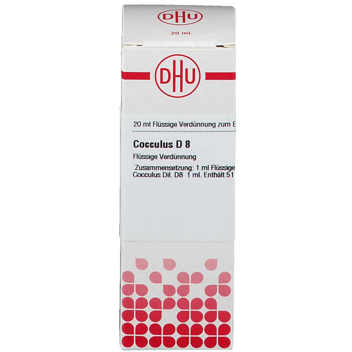 Weiße Verpackung mit roter Schrift. Aufschrift: DHU, Cocculus D 8. Produktinformationen.