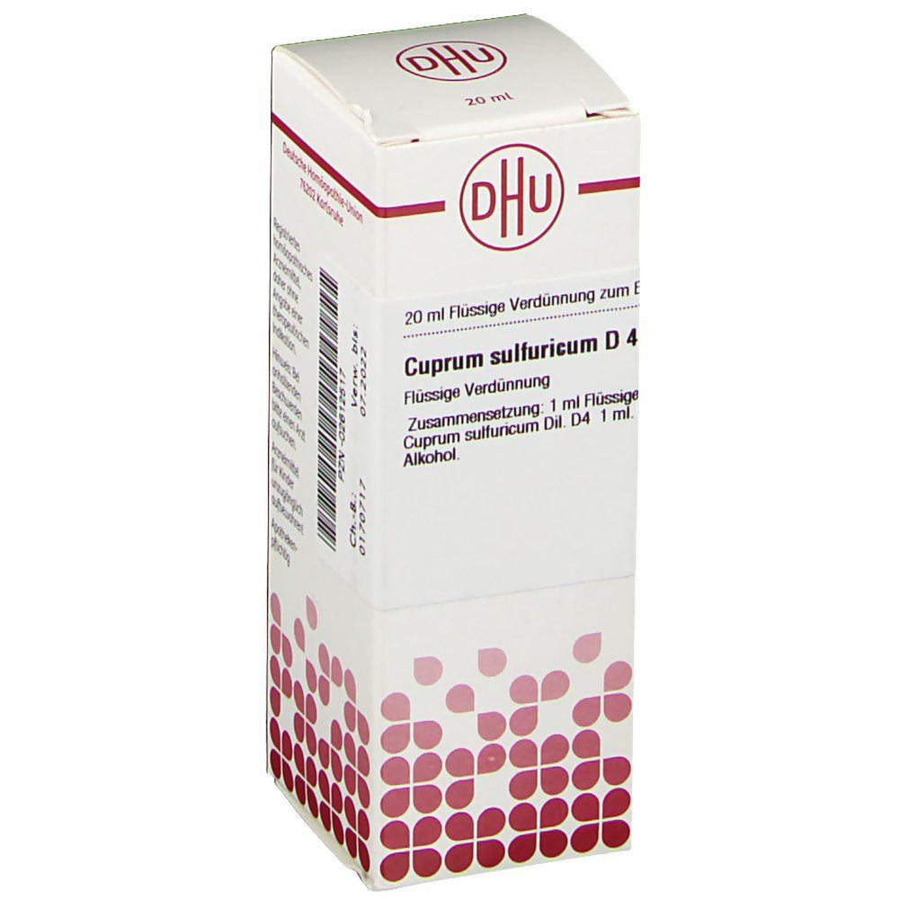 Weiße Faltschachtel mit DHU-Logo und Produktbezeichnung Cuprum sulfuricum D4. Rote grafische Elemente. Text in deutscher Sprache.