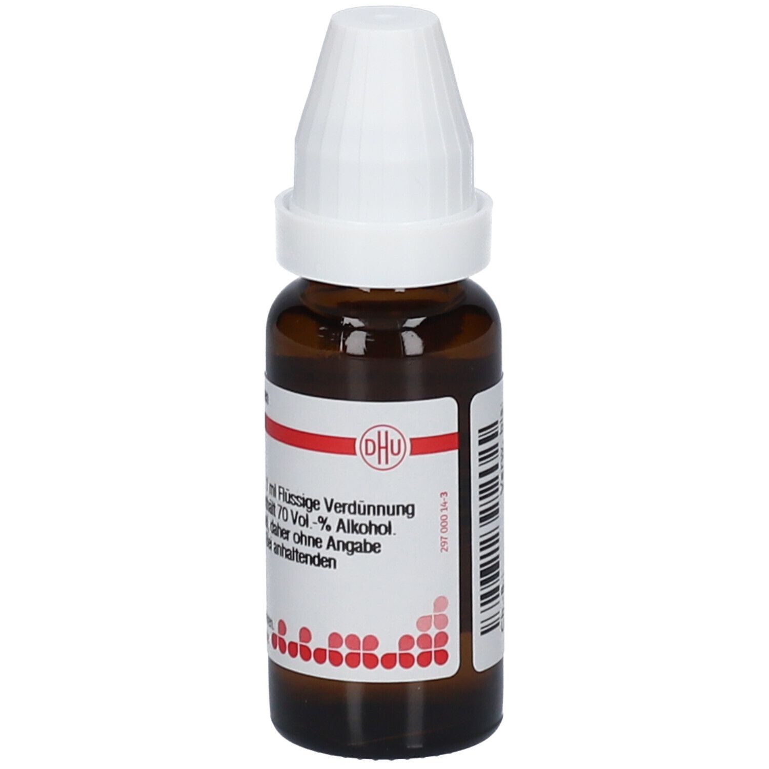 Braune Glasflasche mit weißem Verschluss. Etikett mit Produktinformationen und DHU-Logo. DHU Datisca Cannabina D2.