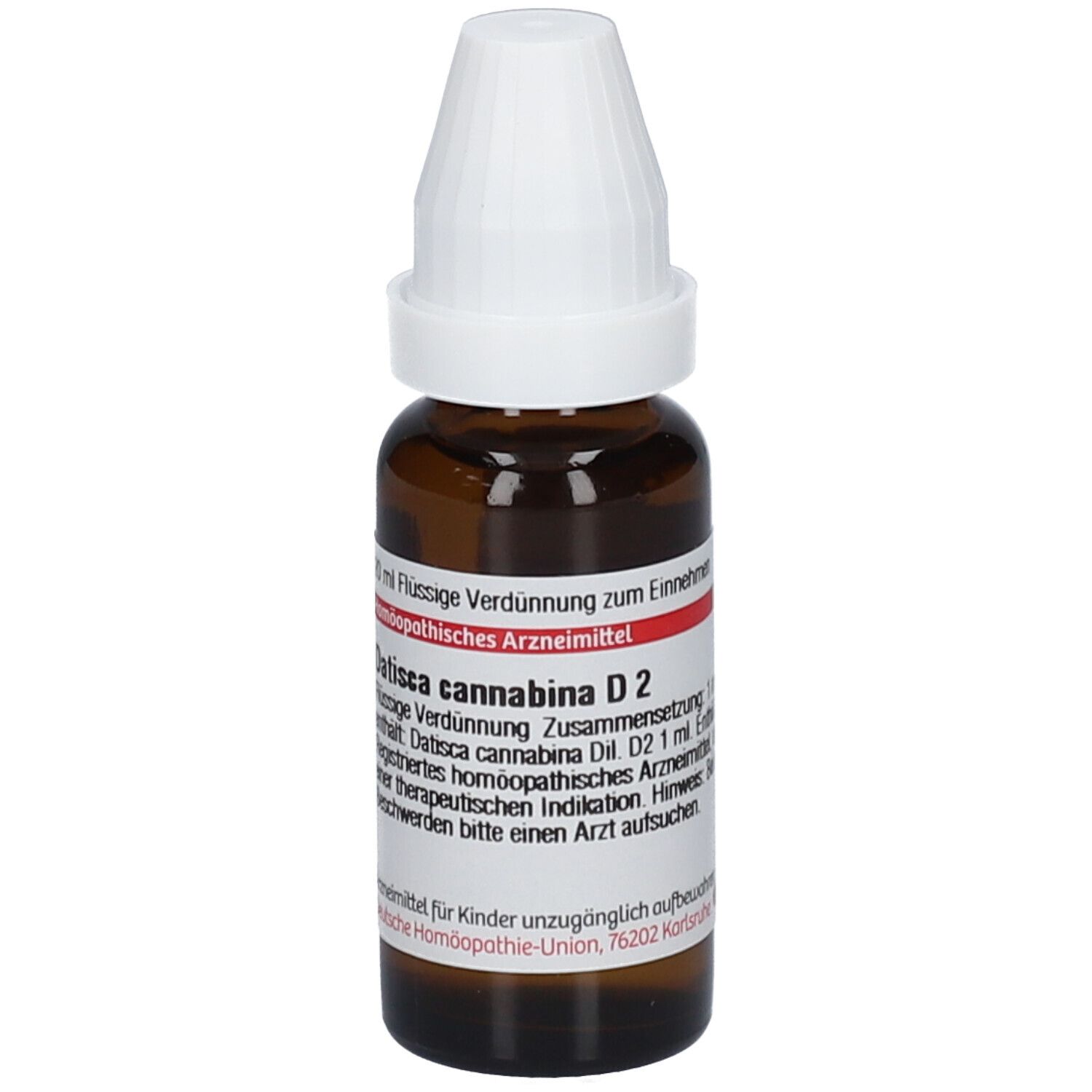 Braune Glasflasche mit weißem Verschluss. Etikett mit Produktinformationen. DHU Datisca Cannabina D2.