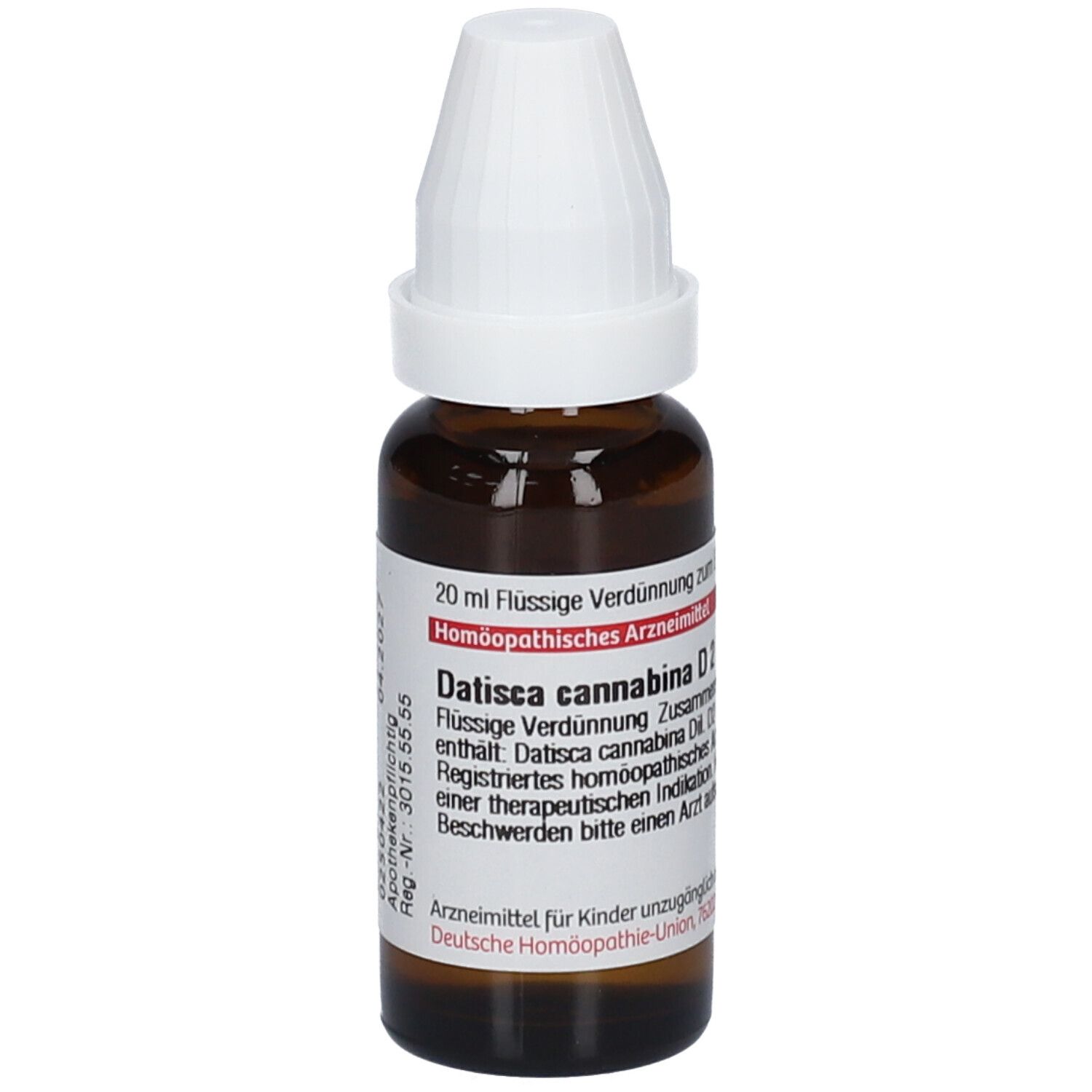 Braune Glasflasche mit weißem Verschluss. Etikett mit Produktinformationen. DHU Datisca Cannabina D2.