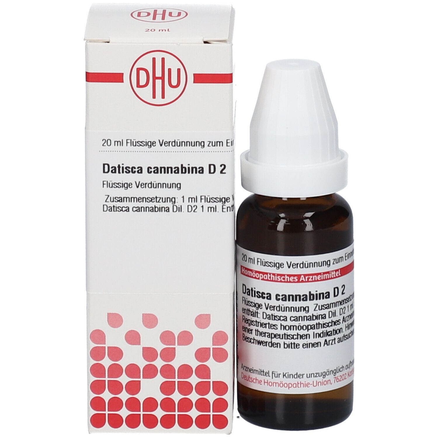 Braune Glasflasche mit weißem Verschluss und Karton. Karton mit DHU-Logo und Produktinformationen. DHU Datisca Cannabina D2.