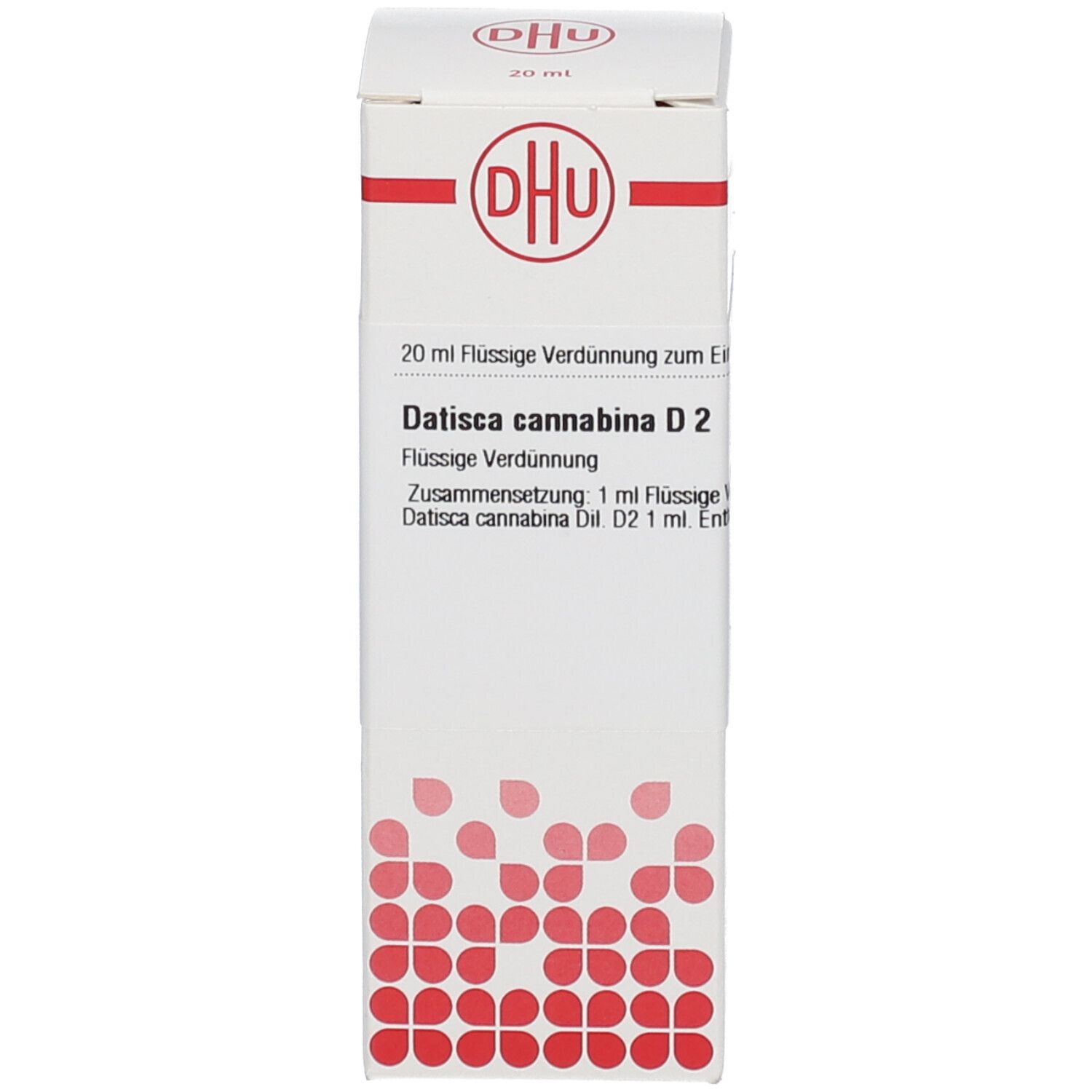 Karton mit DHU-Logo und Produktinformationen. DHU Datisca Cannabina D2.