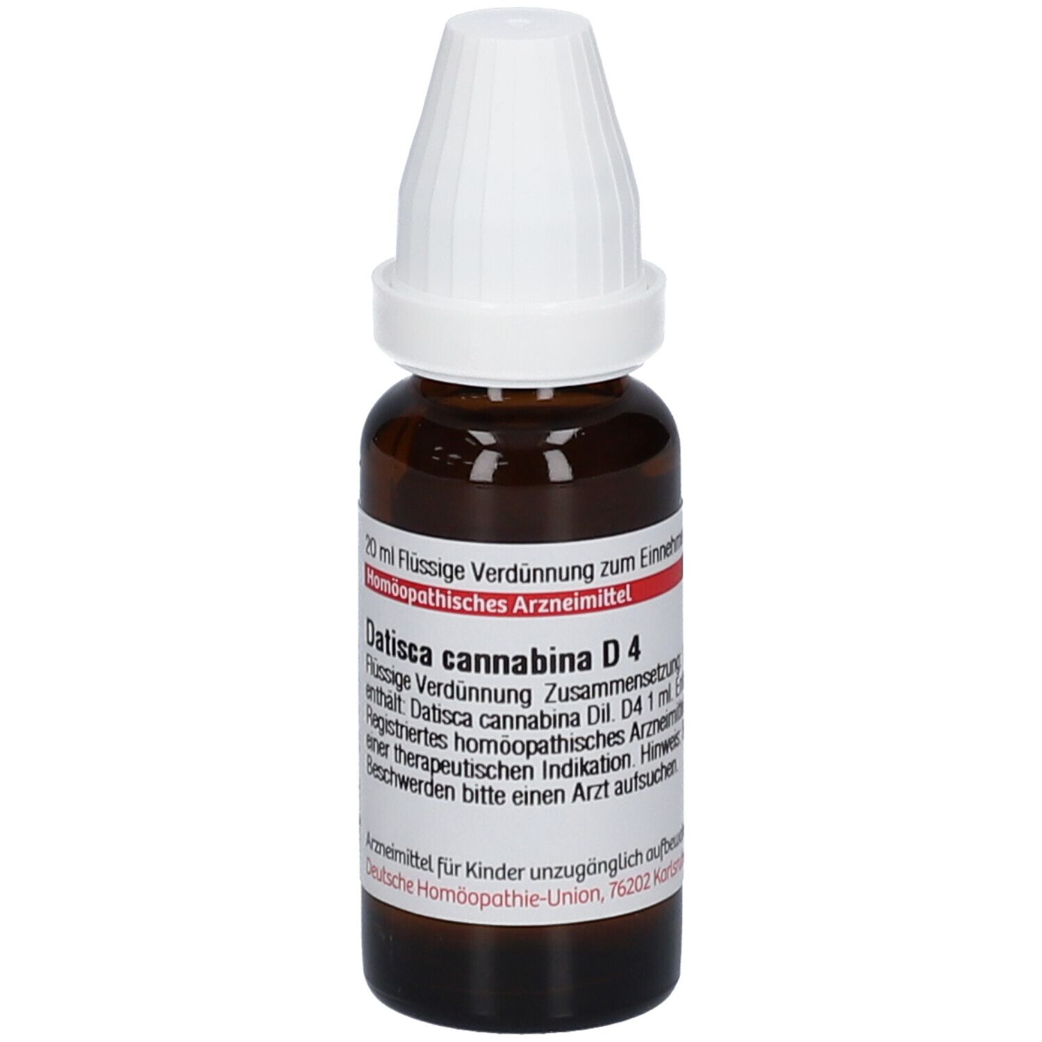 Braune Glasflasche mit weißem Verschluss. Beschriftung: Datisca cannabina D4, 20 ml flüssige Verdünnung.