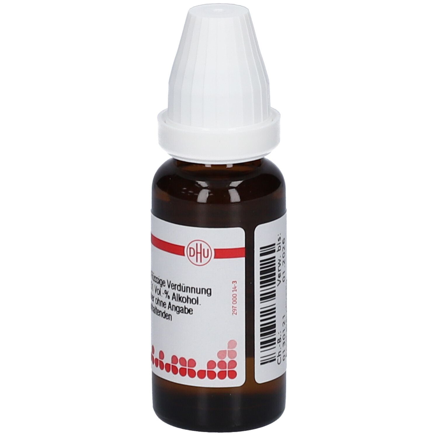 Braune Glasflasche mit weißem Verschluss. Beschriftung: DHU, Datisca cannabina D4, 20 ml. Etikett mit Informationen.