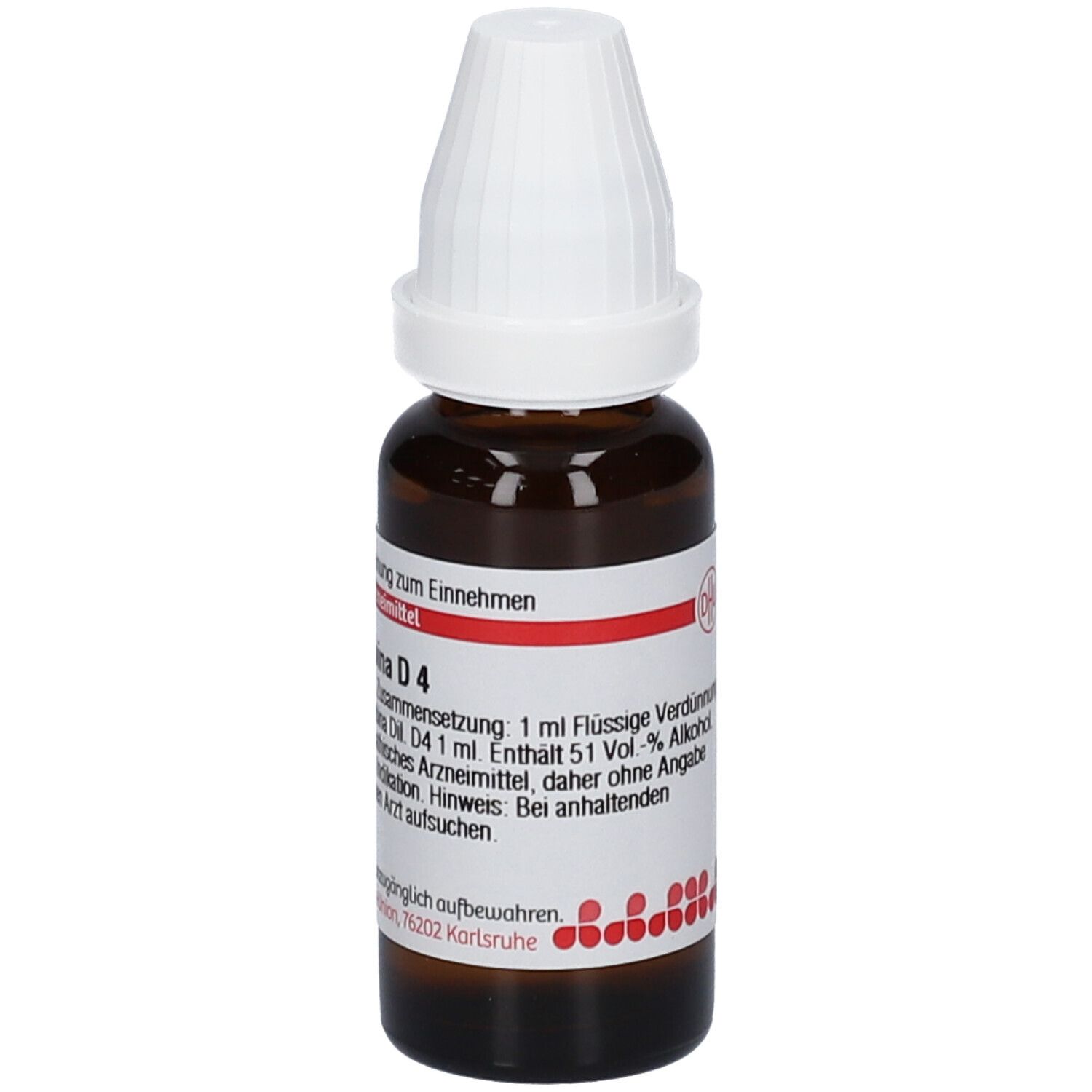Braune Glasflasche mit weißem Verschluss. Beschriftung: Datisca cannabina D4, 20 ml. Etikett mit Informationen.