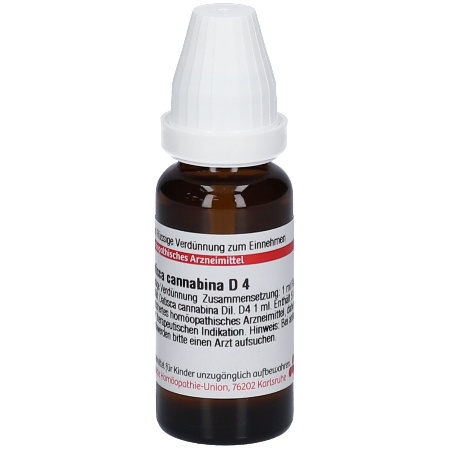 Braune Glasflasche mit weißem Verschluss. Beschriftung: Datisca cannabina D4, 20 ml. Etikett mit Informationen.