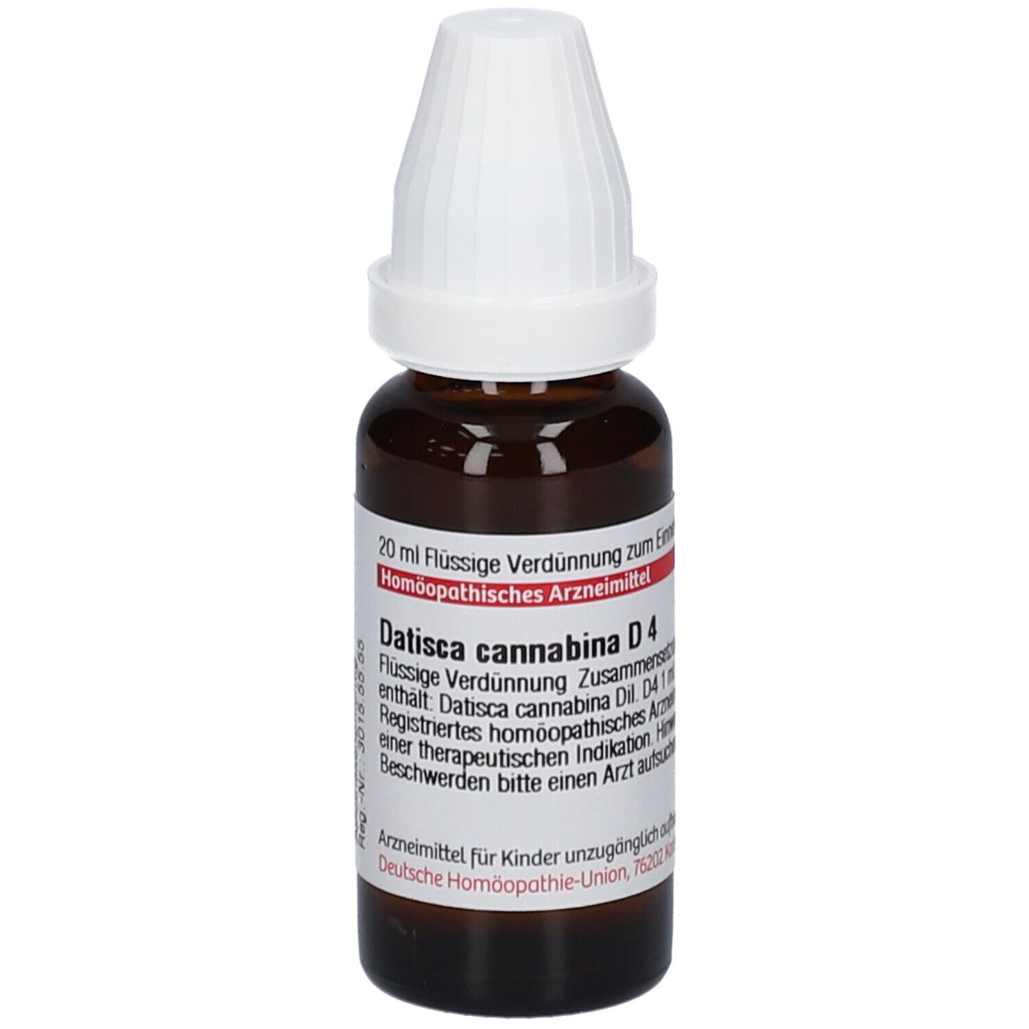 Braune Glasflasche mit weißem Verschluss. Beschriftung: Datisca cannabina D4, 20 ml. Etikett mit Informationen.
