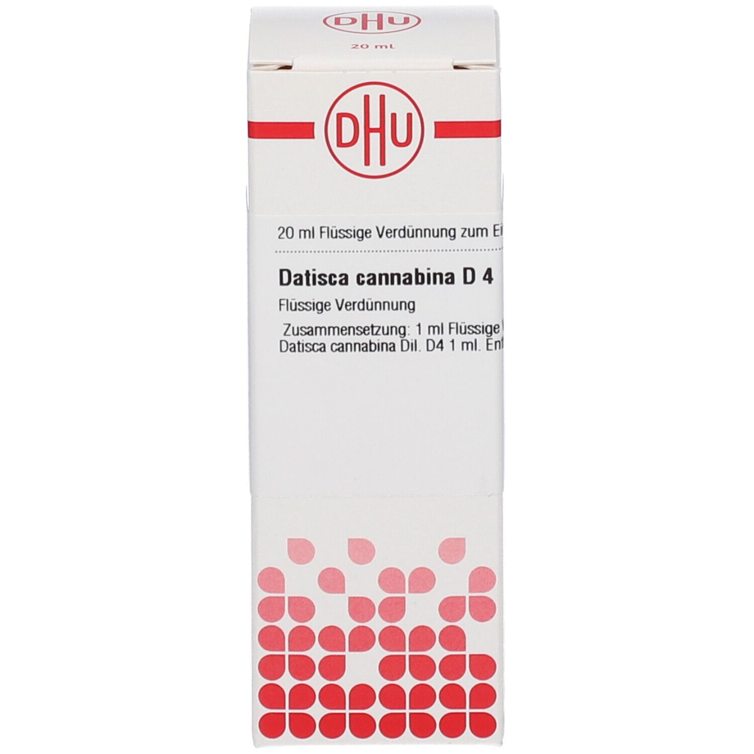 Weiße Schachtel mit DHU-Logo und Beschriftung: Datisca cannabina D4, 20 ml. Produktverpackung.