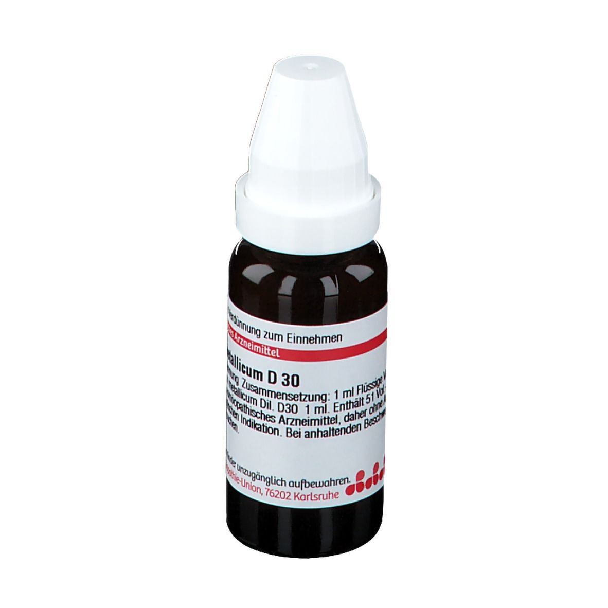 Braune Glasflasche mit weißem Verschluss. Etikett mit Text: Ferrum metallicum D30. Homöopathisches Arzneimittel.