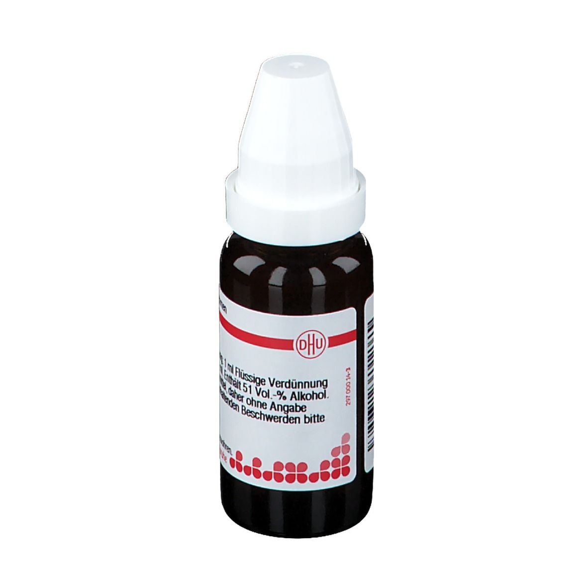 Braune Glasflasche mit weißem Verschluss. Etikett mit Text: DHU, Ferrum metallicum D30. Homöopathisches Arzneimittel.