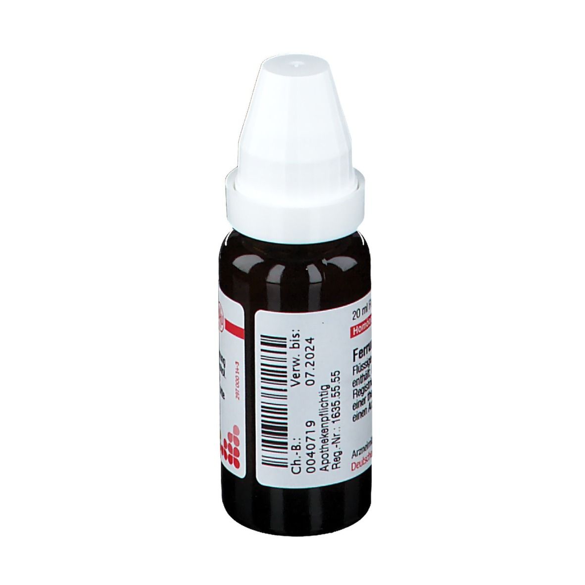 Braune Glasflasche mit weißem Verschluss. Etikett mit Text: Ferrum metallicum D30, Verwendbar bis 07.2024. Homöopathisches Arzneimittel.