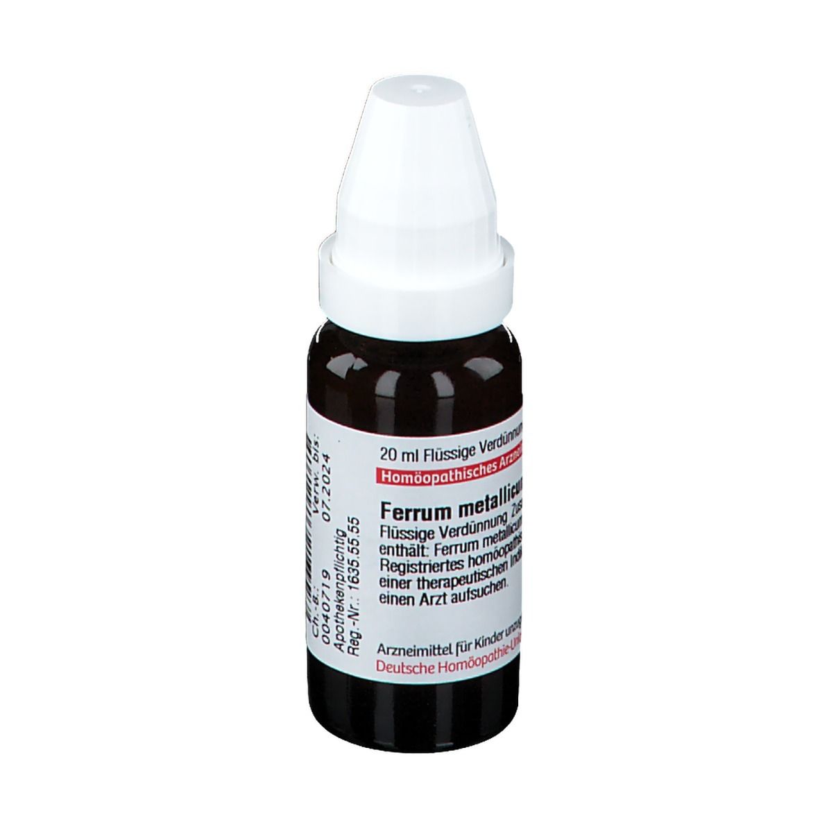 Braune Glasflasche mit weißem Verschluss. Etikett mit Text: Ferrum metallicum D30. Homöopathisches Arzneimittel.