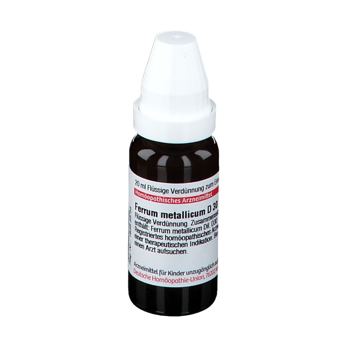 Braune Glasflasche mit weißem Verschluss. Etikett mit Text: Ferrum metallicum D30, 20 ml. Homöopathisches Arzneimittel.