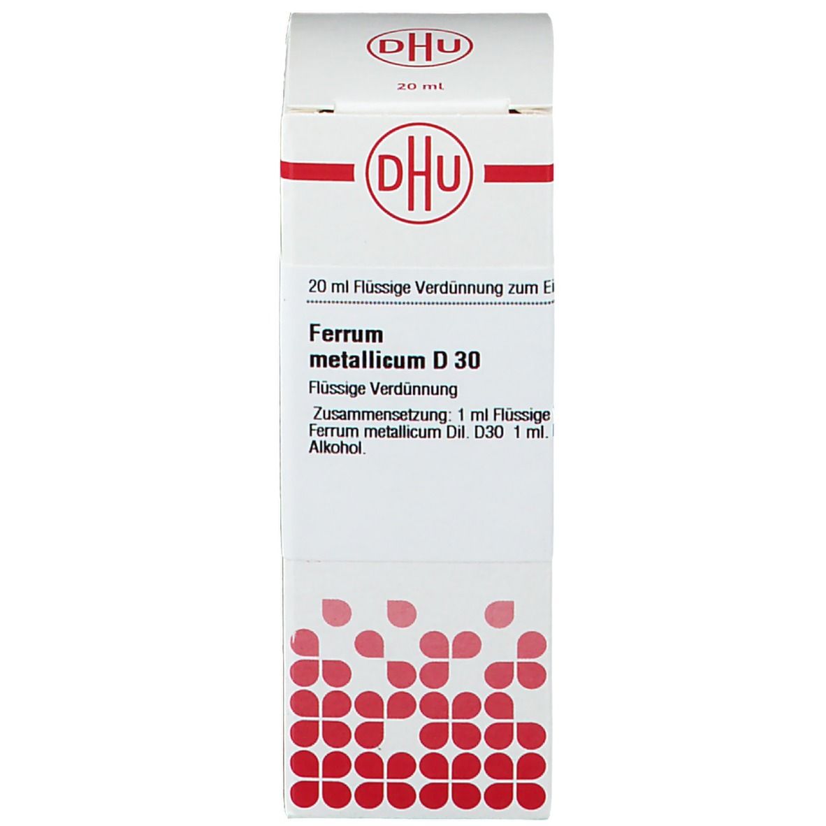 Weiße Verpackung mit rotem Logo und Text: DHU, Ferrum metallicum D30, 20 ml. Homöopathisches Arzneimittel.