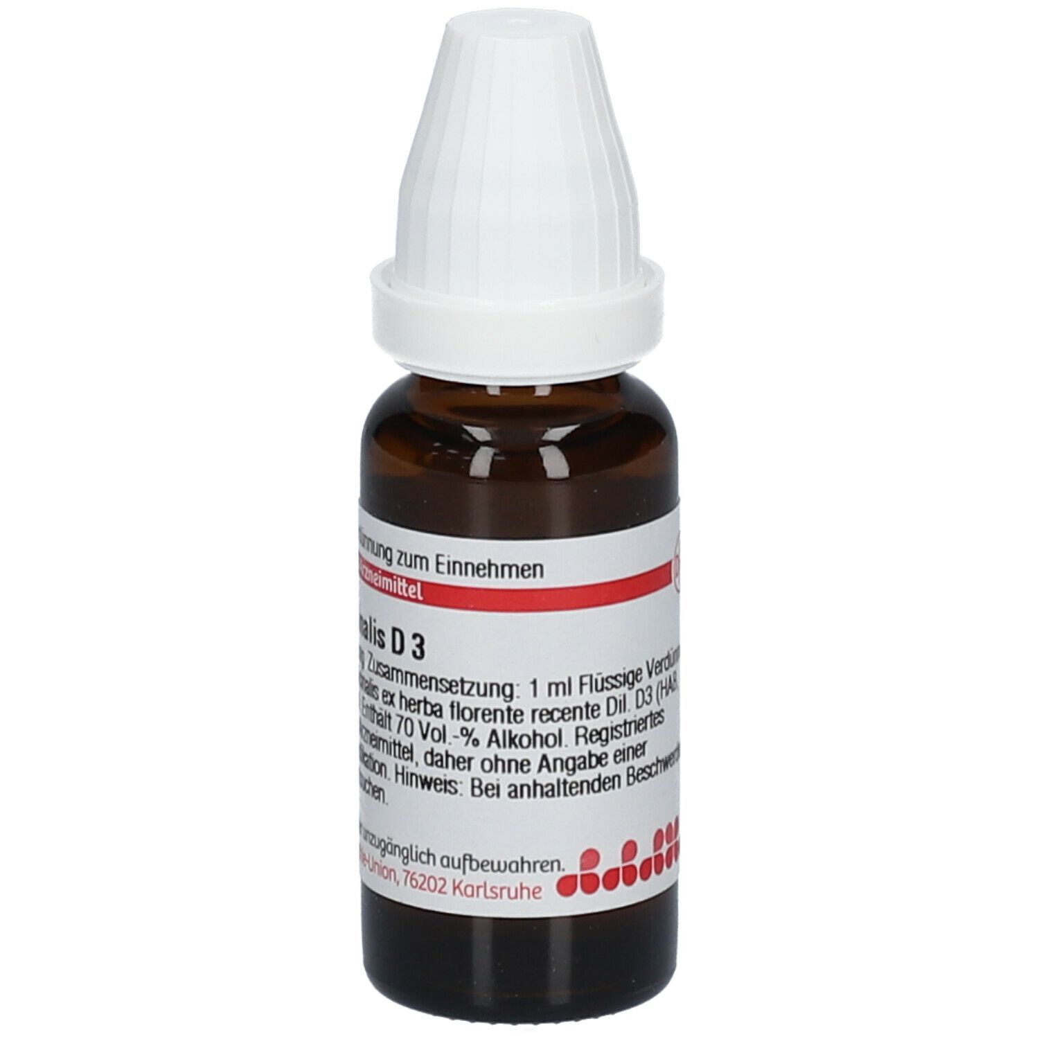 Braune Glasflasche mit weißem Schraubverschluss. Etikett mit Produktinformationen: Galega officinalis D3, 20 ml.