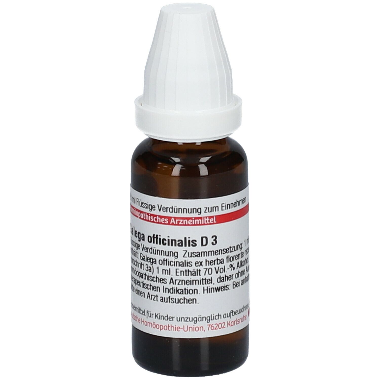 Braune Glasflasche mit weißem Schraubverschluss. Etikett mit Produktinformationen: Galega officinalis D3, 20 ml.