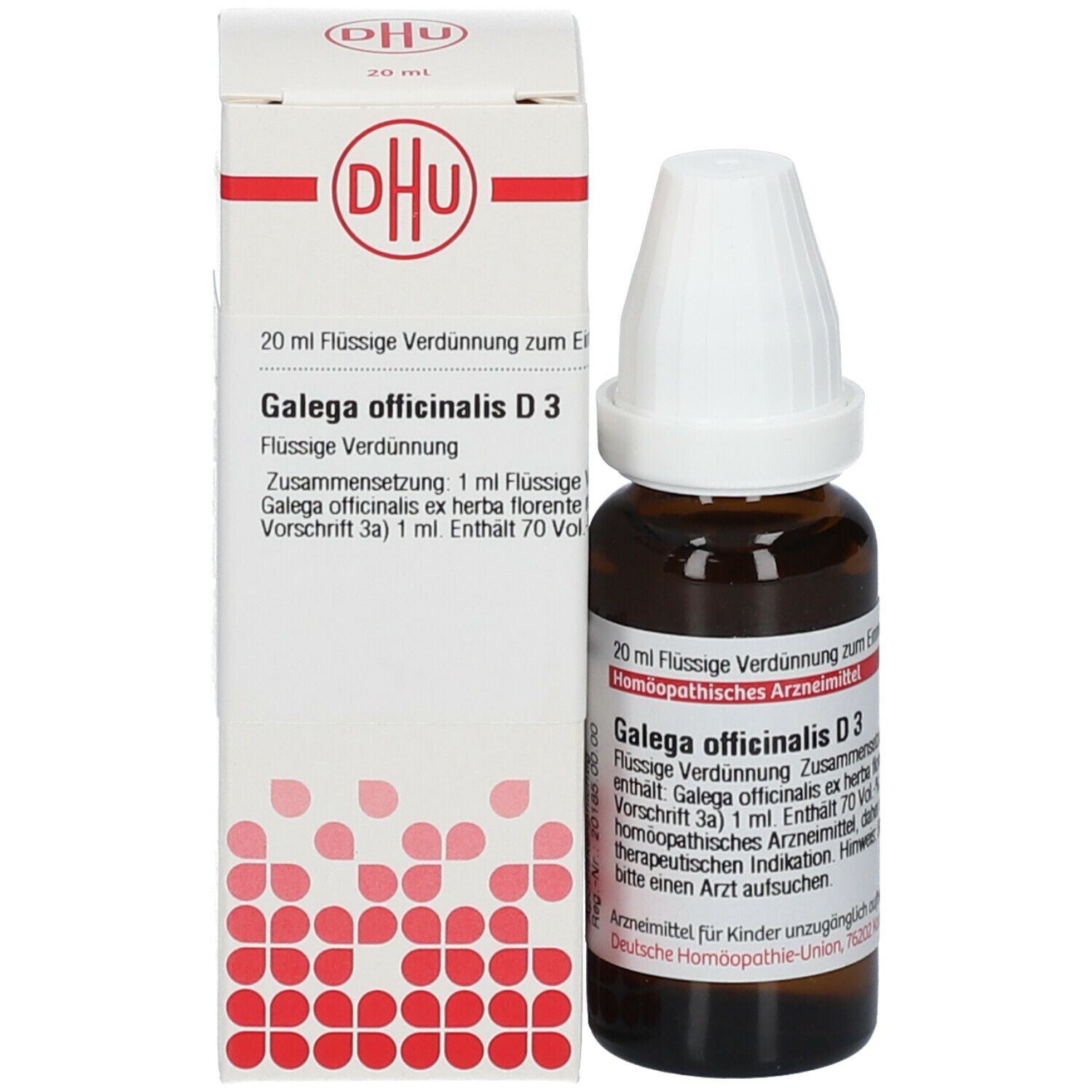 Produktverpackung mit Flasche. Weiße Schachtel mit DHU-Logo und Produktinformationen: Galega officinalis D3, 20 ml.