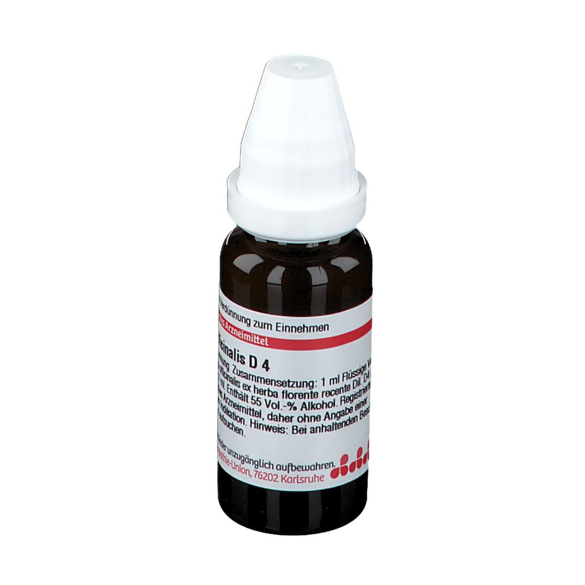 Braune Tropfflasche mit weißem Verschluss. Beschriftung: Galega officinalis D4, 20 ml, Homöopathisches Arzneimittel.