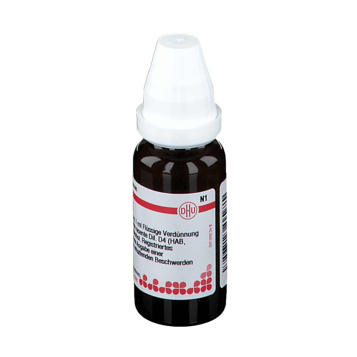 Braune Tropfflasche mit weißem Verschluss. Beschriftung: Galega officinalis D4, 20 ml, Homöopathisches Arzneimittel.