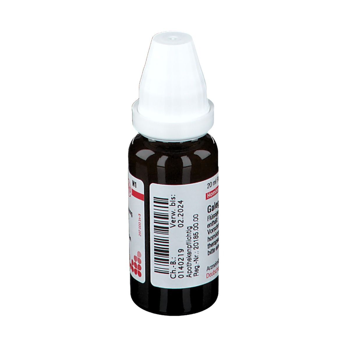 Braune Tropfflasche mit weißem Verschluss. Beschriftung: Galega officinalis D4, 20 ml, Homöopathisches Arzneimittel.