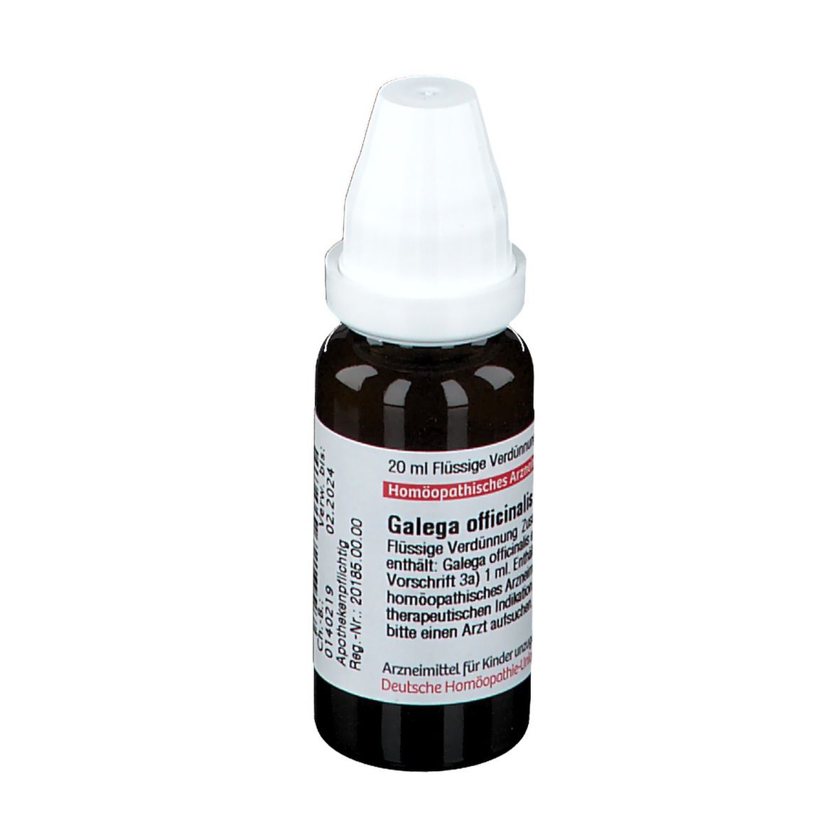 Braune Tropfflasche mit weißem Verschluss. Beschriftung: Galega officinalis D4, 20 ml, Homöopathisches Arzneimittel.