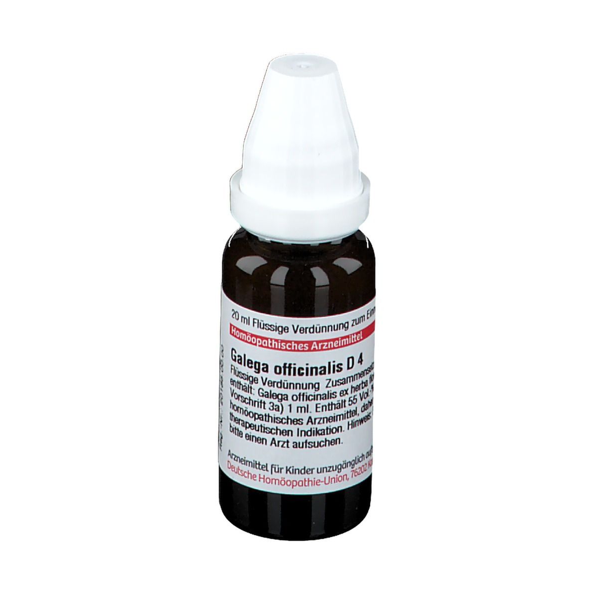 Braune Tropfflasche mit weißem Verschluss. Beschriftung: Galega officinalis D4, 20 ml, Homöopathisches Arzneimittel.