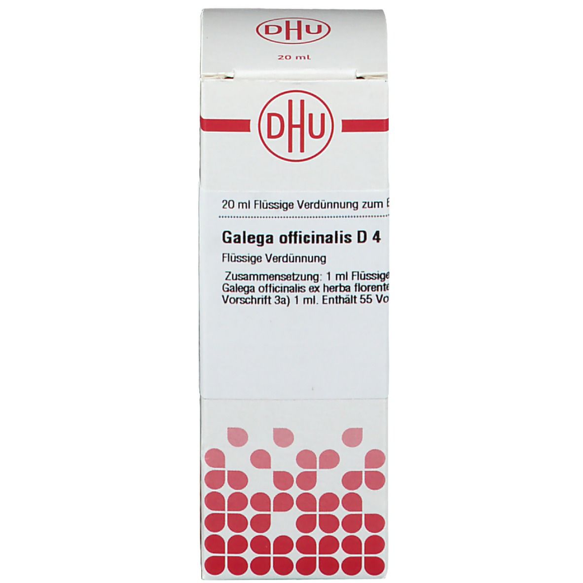 Karton mit Beschriftung: DHU, Galega officinalis D4, 20 ml. Rote und weiße Farbgebung.