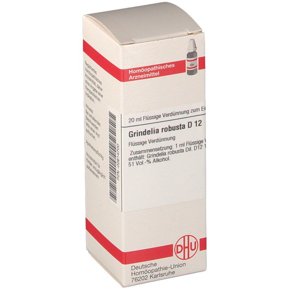 Weiße Faltschachtel mit roter Umrandung. Beschriftung: Grindelia robusta D12, Flüssige Verdünnung. Logo der Deutschen Homöopathie-Union.