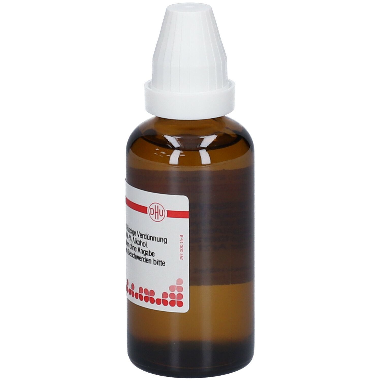 Braune Glasflasche mit weißem Verschluss. Etikett mit DHU-Logo und Text. Homöopathisches Arzneimittel.