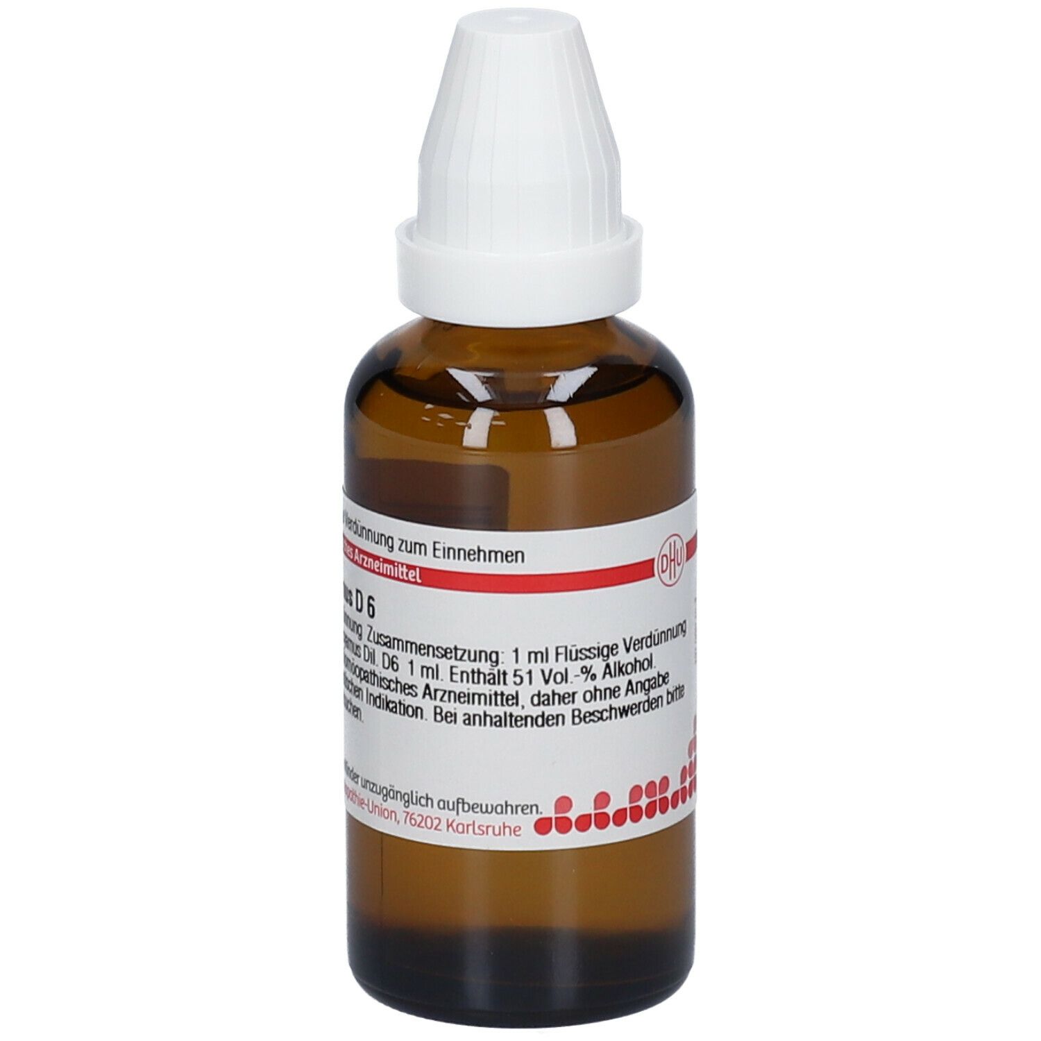 Braune Glasflasche mit weißem Verschluss. Etikett mit Text. Homöopathisches Arzneimittel D6. Zum Einnehmen.