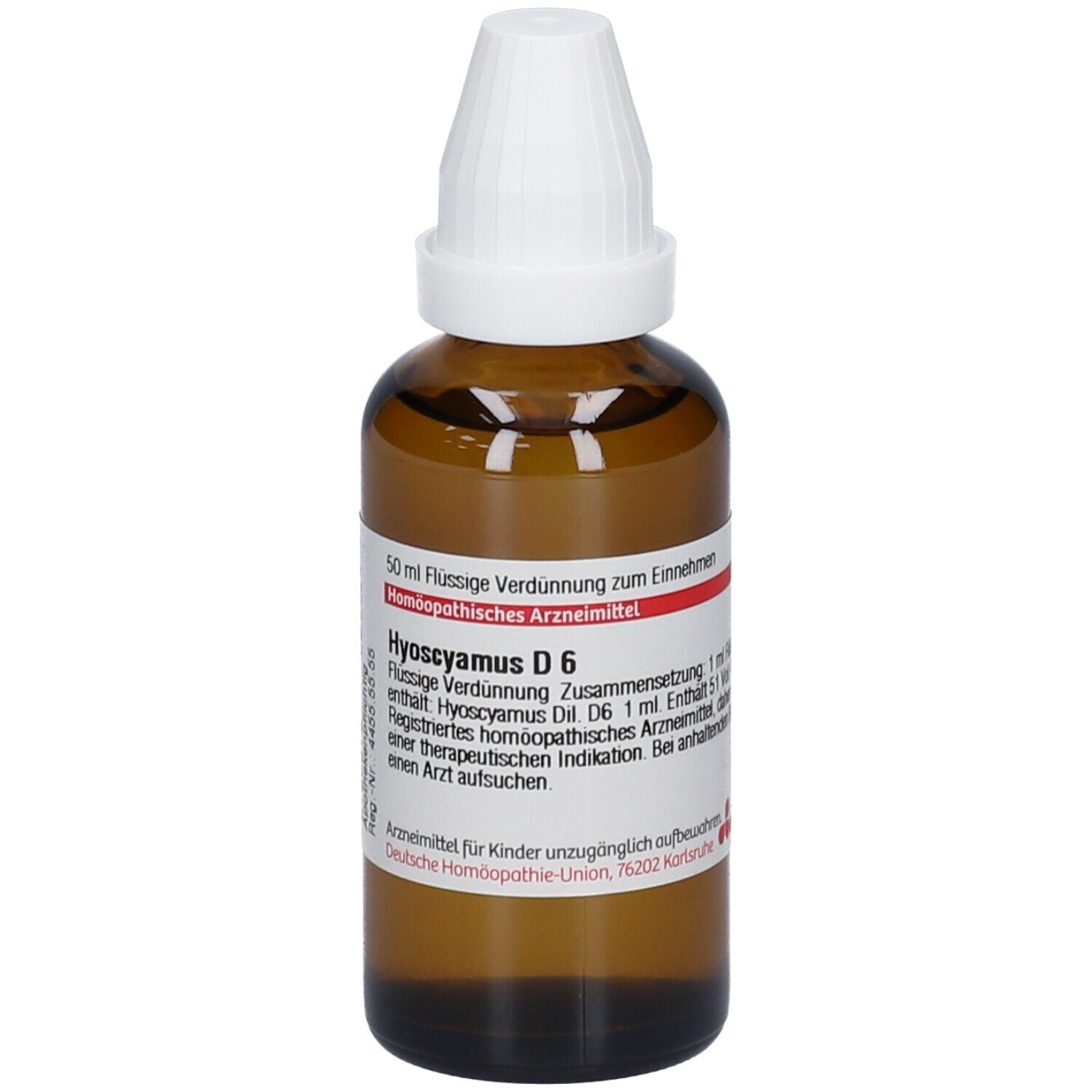 Braune Glasflasche mit weißem Verschluss. Etikett mit Text. Homöopathisches Arzneimittel D6. 50 ml.