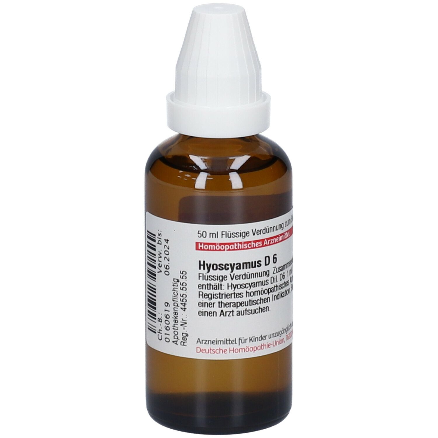 Braune Glasflasche mit weißem Verschluss. Etikett mit Text. Homöopathisches Arzneimittel D6. 50 ml.