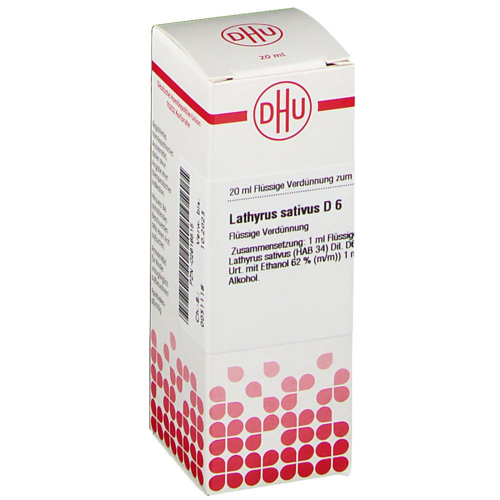 Weiße Schachtel mit roter Schrift und DHU-Logo. Beschriftung: Lathyrus sativus D6, 20 ml. Rote Punkte am unteren Rand.