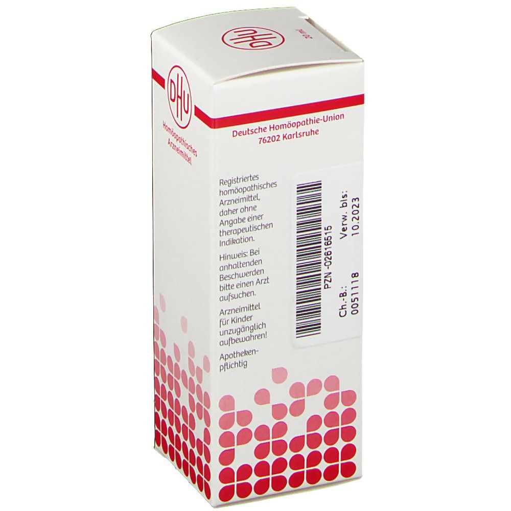 Weiße Schachtel mit roter Schrift und DHU-Logo. Text: Deutsche Homöopathie-Union. Barcode und Verfallsdatum 10.2023. Rote Punkte.