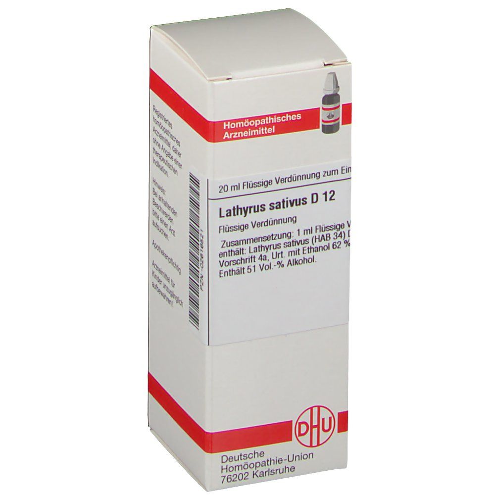Weiße Schachtel mit roter Umrandung. Aufschrift: Lathyrus sativus D 12, DHU. Abbildung einer Flasche. Text in deutscher Sprache.