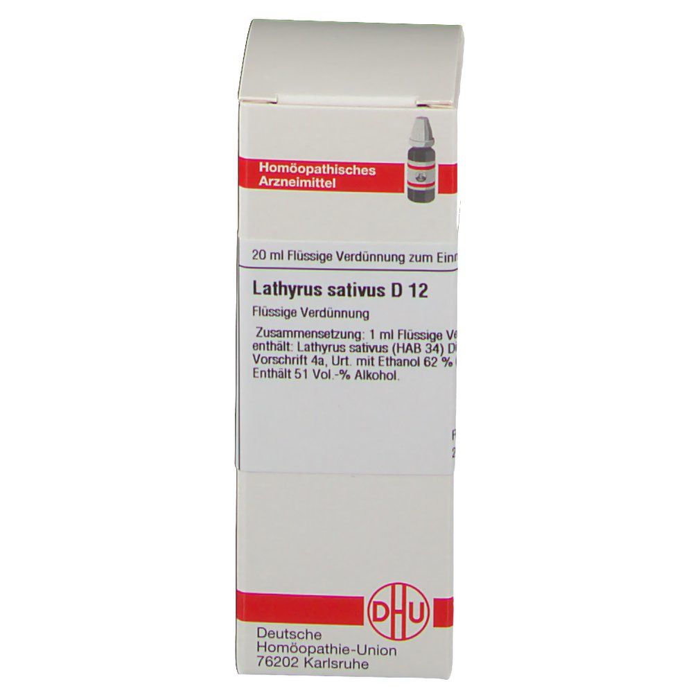 Weiße Schachtel mit roter Umrandung. Aufschrift: Lathyrus sativus D 12, DHU. Text in deutscher Sprache. Abbildung einer Flasche.