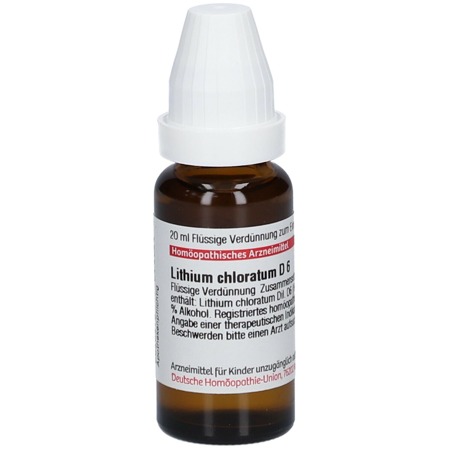 Braune Tropfflasche mit weißem Verschluss. Etikett mit Text: Lithium chloratum D6. Homöopathisches Arzneimittel.