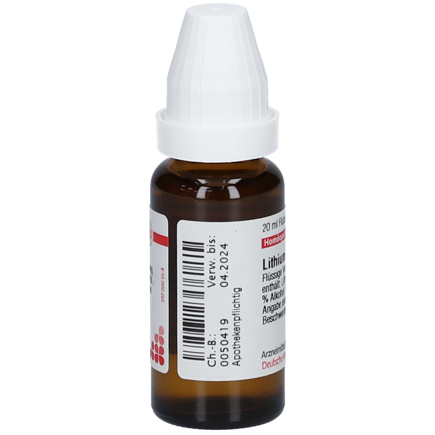 Braune Tropfflasche mit weißem Verschluss. Etikett mit Text: Lithium chloratum D6. Apothekenpflichtig. Verwendbar bis 04.2024.