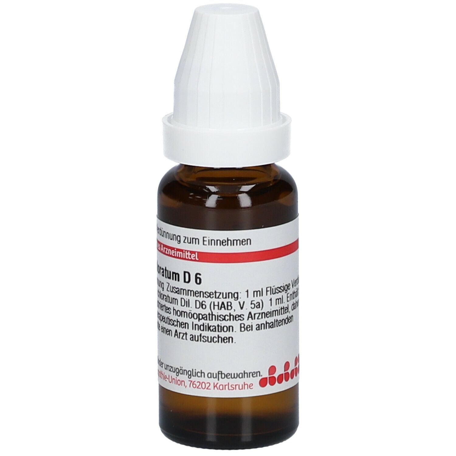 Braune Tropfflasche mit weißem Verschluss. Etikett mit Text: Lithium chloratum D6. Homöopathisches Arzneimittel. DHU Logo.