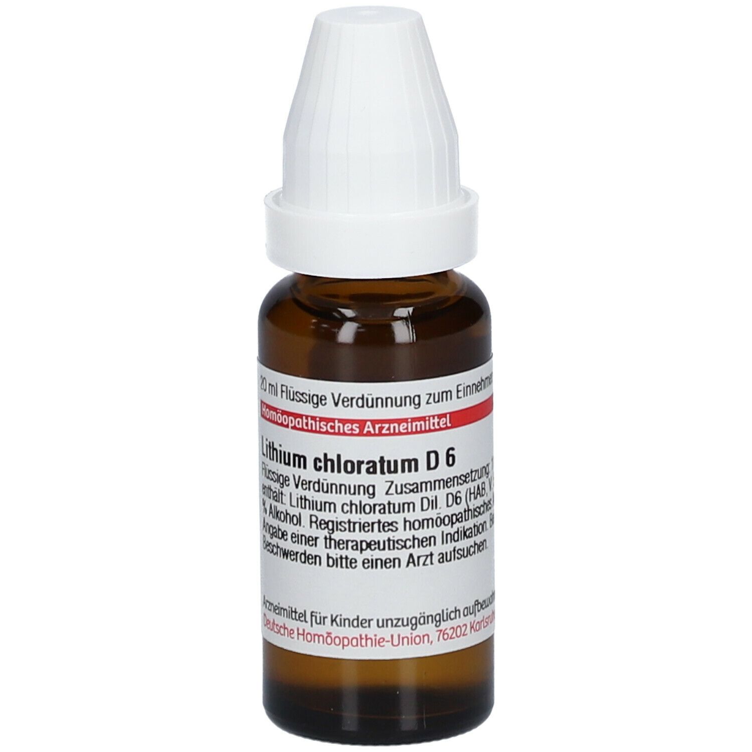 Braune Tropfflasche mit weißem Verschluss. Etikett mit Text: Lithium chloratum D6. Homöopathisches Arzneimittel. DHU Logo.